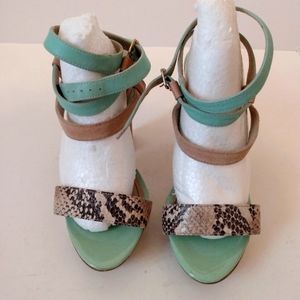 Miucho Genuine Leather Green Tan Snake Print Gladiator Straps 4 3/4"  Heels sz 7